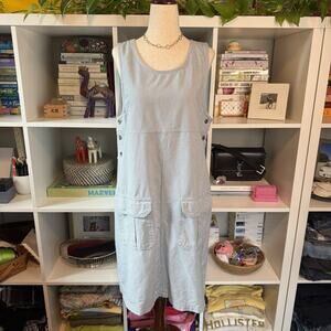 Vintage 90s Gingham Jean Denim Blue Dress Wms L Side Button Utility Workwear